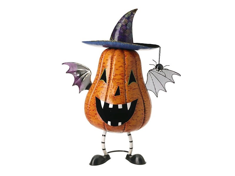 Metal Pumpkin with Bat Wings & Witch Hat