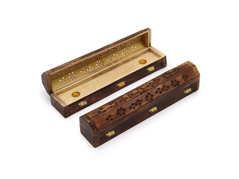 Wooden Incense Holder Box with Brass Inlay